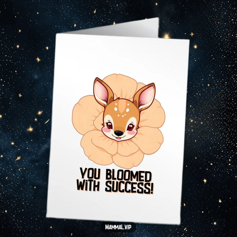Free Printable Congratulations Card: Curious deer peeking from behind a large flower, symbolizing new beginnings and success.
