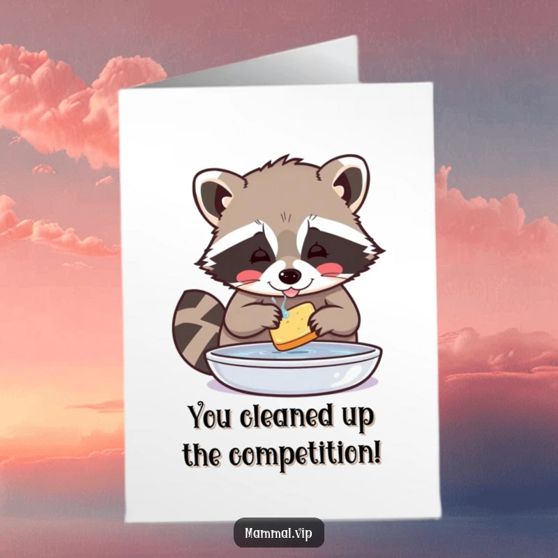 Funny free printable congratulations card featuring a playful raccoon carefully washing a small piece of food with intense focus.