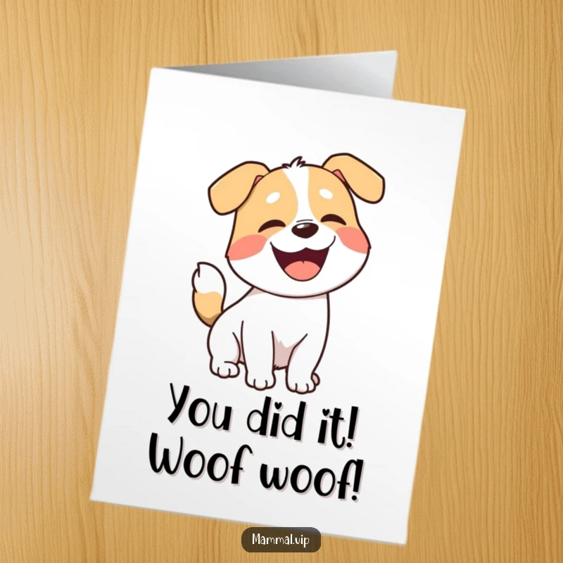 Funny Free Printable Dog Congrats Card: A happy dog with a wagging tail barking excitedly, celebrating good news.