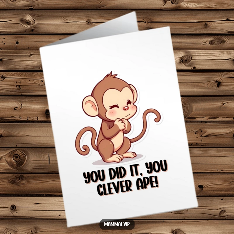 Funny free printable congratulations card: a curious monkey playfully tugs its own tail, celebrating achievement with fun.