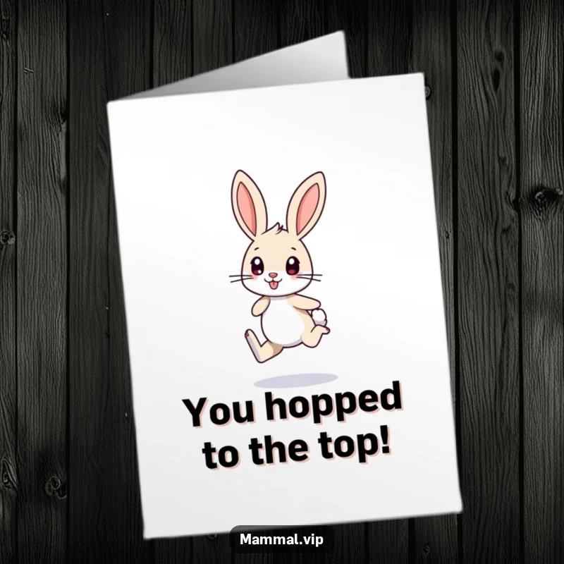 Exciting Free Printable Congrats Card: A small bunny character with long ears excitedly hops on one leg in celebration.