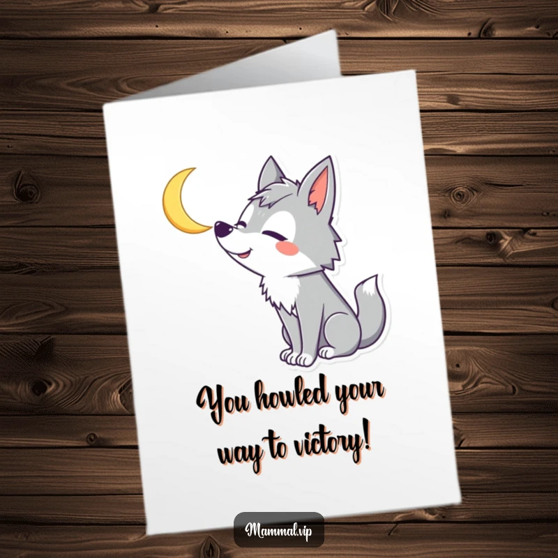 Funny free printable congratulations card with a silly wolf howling joyfully at the moon, celebrating success.