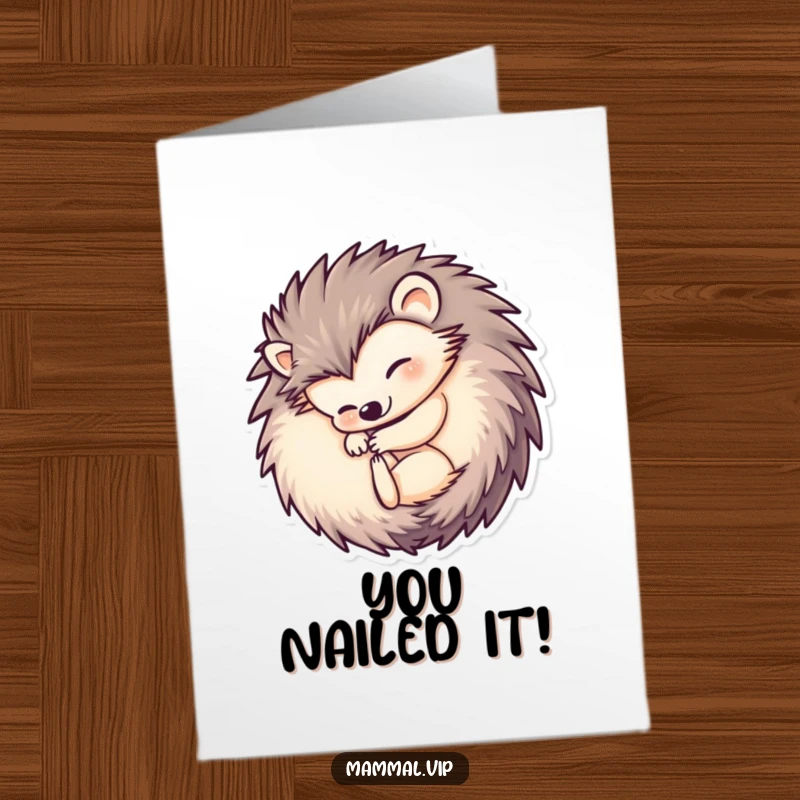 Funny Free Printable Congratulations Card: A sweet hedgehog is curled into a perfect ball, symbolizing safe and sound congratulations.