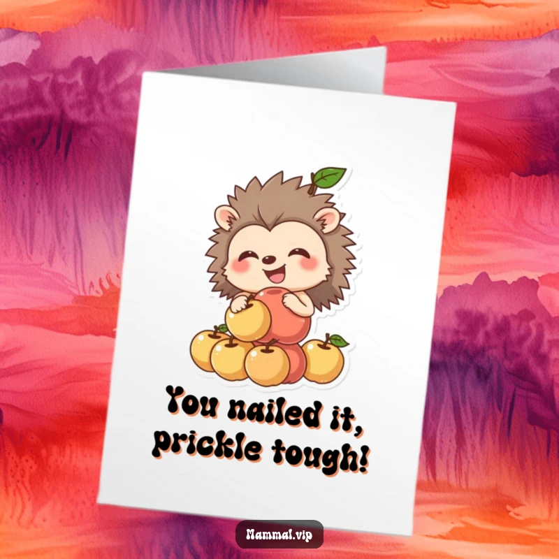 Funny Free Printable Congratulations Card: A grinning hedgehog focused on balancing a wobbly stack of apples, symbolizing hard-earned success.