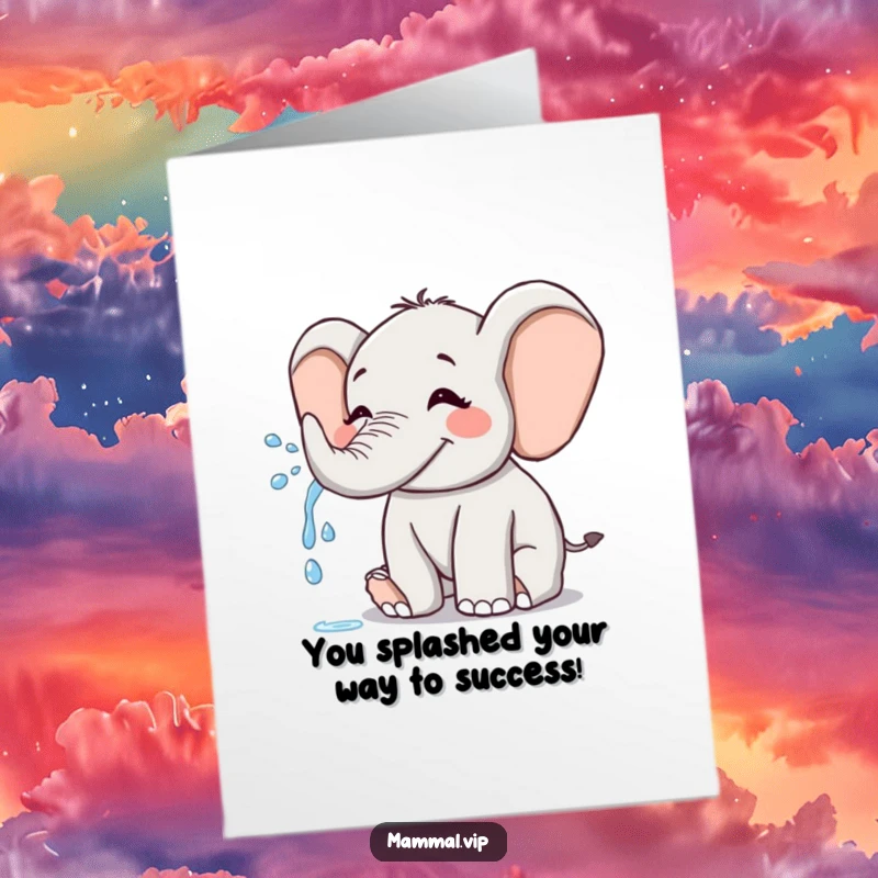 Free printable congratulations card featuring a joyful elephant spraying water from its trunk, symbolizing a celebratory splash of success.