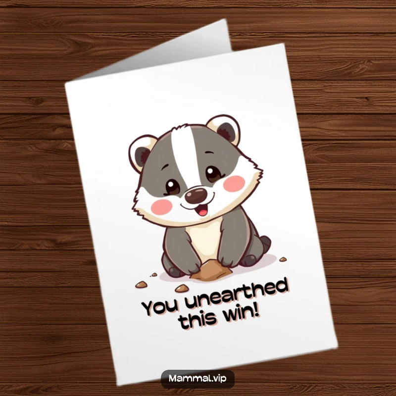Funny free printable congratulations card: Happy badger character digging with gusto to celebrate a success.