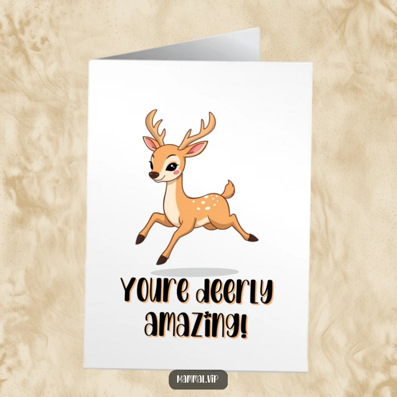 Elegant Free Printable Congratulations Card: Happy deer character leaping with poise, celebrating achievements with grace and beauty.
