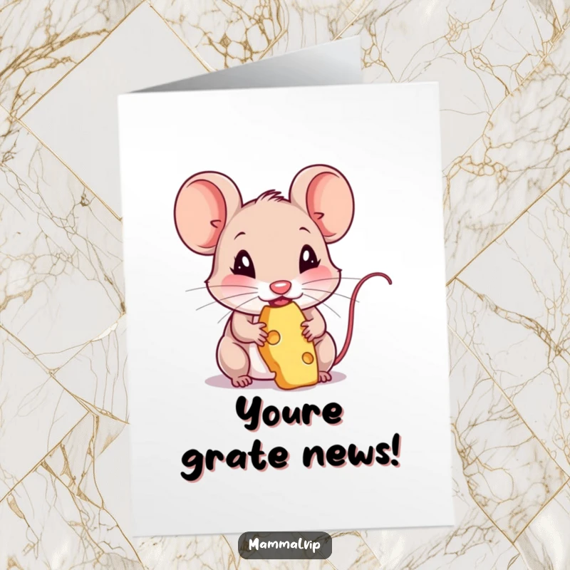 Funny Free Printable Congratulations Card: A mouse character enjoying a tasty piece of cheese, celebrating success.