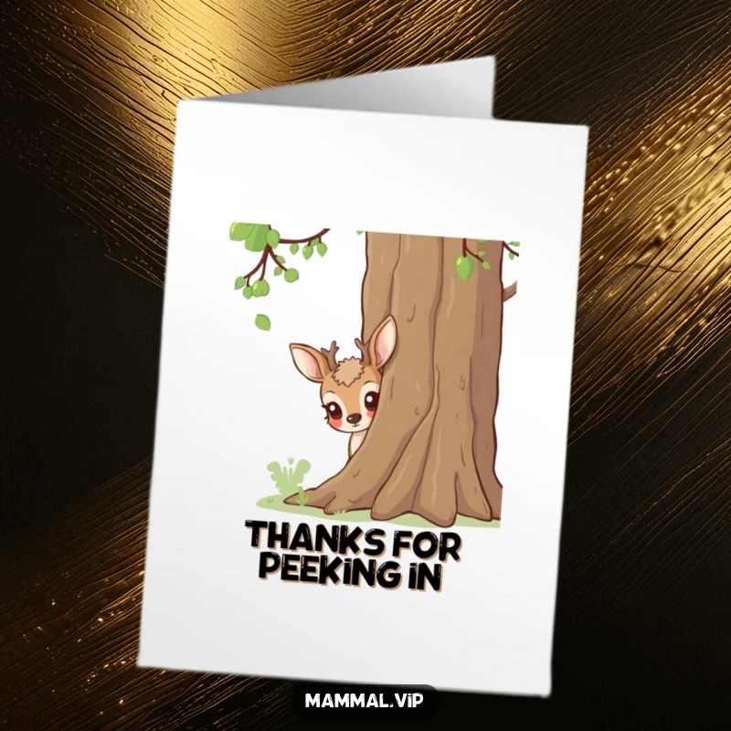 Funny Free Printable Curious Deer Card: A deer peeking out from behind a large tree, conveying a heartfelt and humorous thank you.