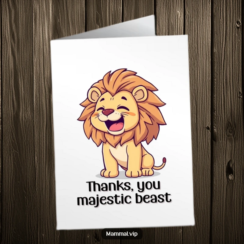 Funny free printable thank you card with a proud lion roaring and tossing its mane, expressing hearty gratitude.