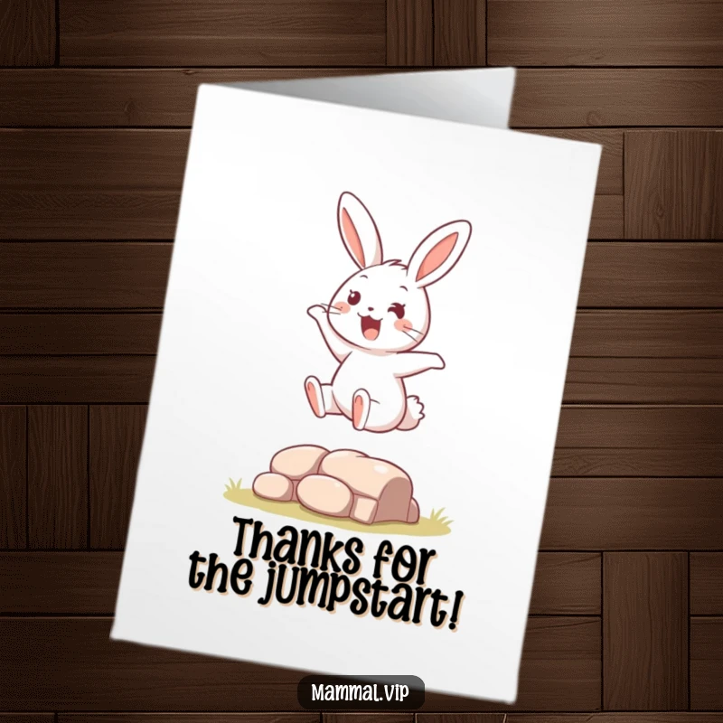 Funny Free Printable Thank You Card: Excited rabbit leaping over a barrier, conveying energetic gratitude.