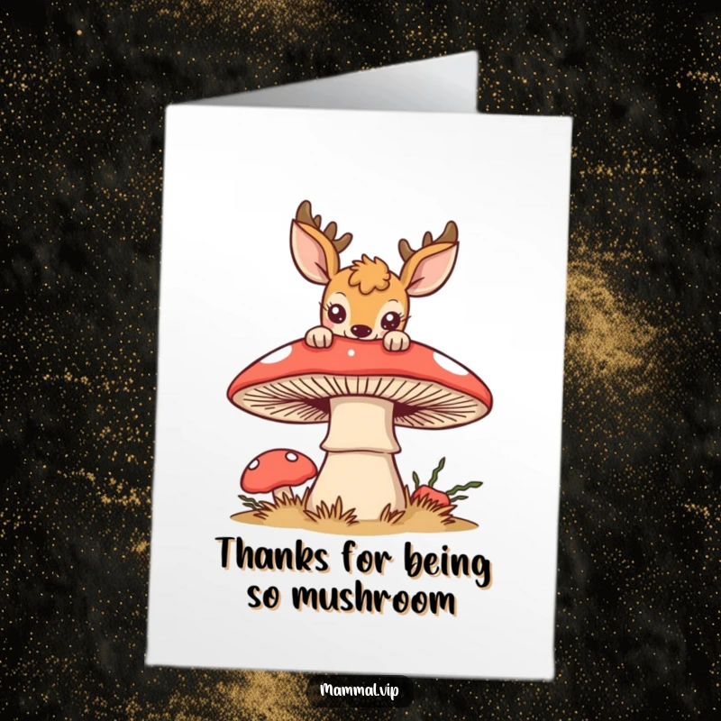 Funny Free Printable Thank You Card: A curious deer peeking from behind a large mushroom, offering a heartfelt thank you.