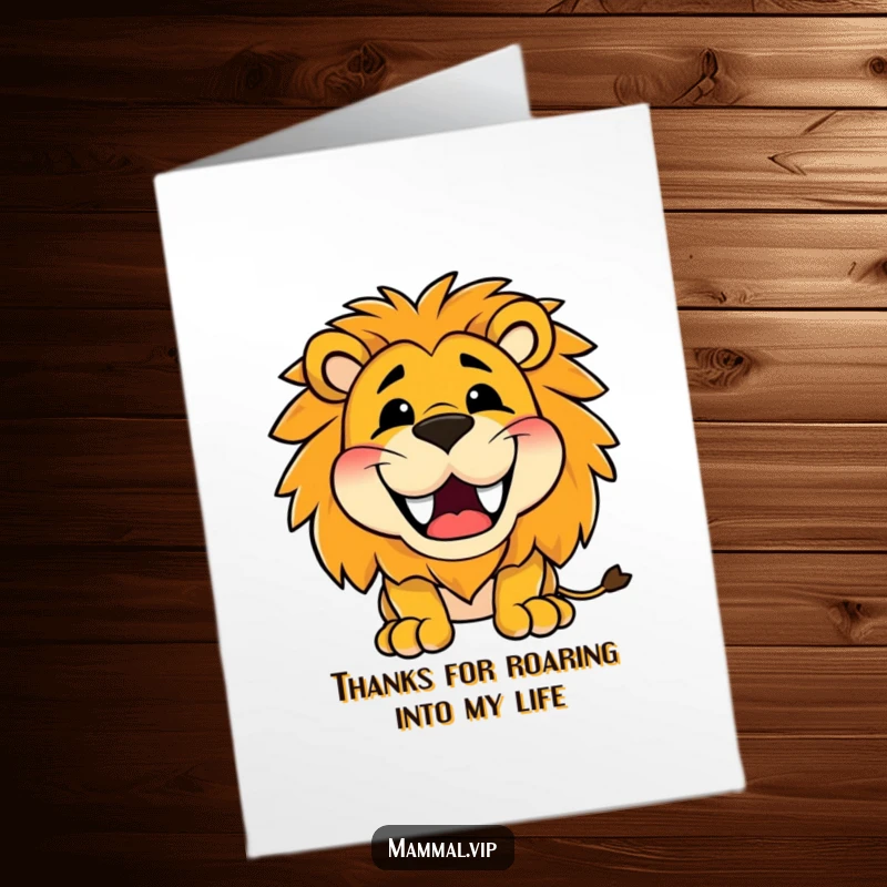 Funny Free Printable Thank You Card: A joyful lion roaring with a wide, toothy grin, conveying heartfelt thanks.