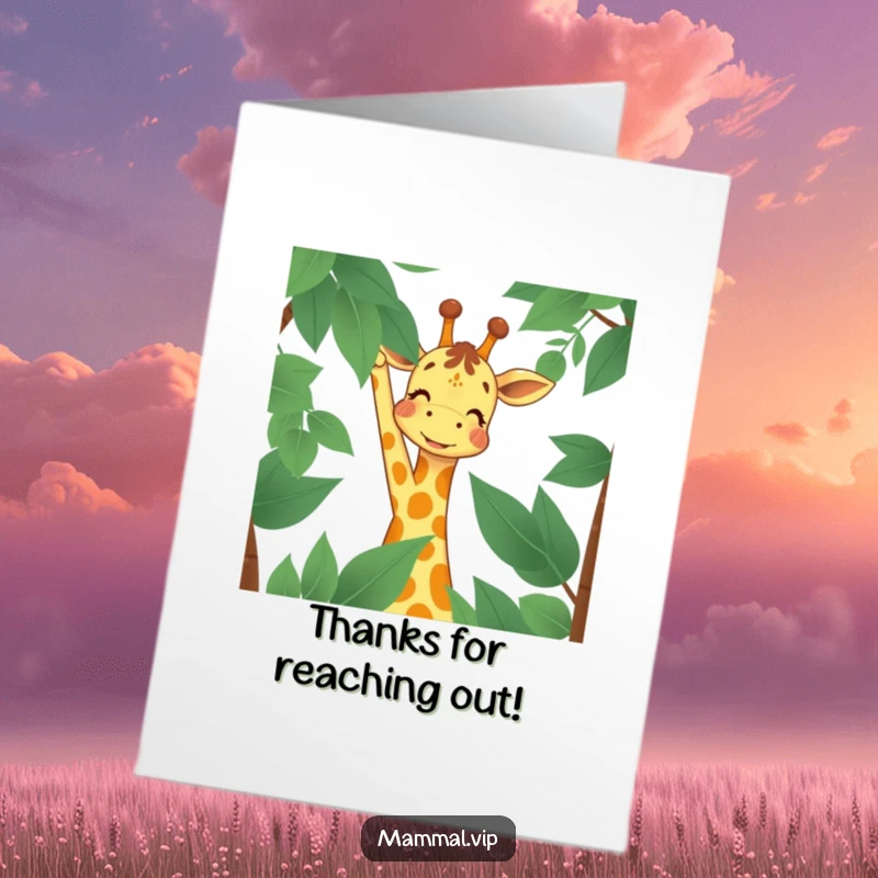 Funny free printable thank you card: Joyful giraffe character smiling, reaching high to offer thanks.