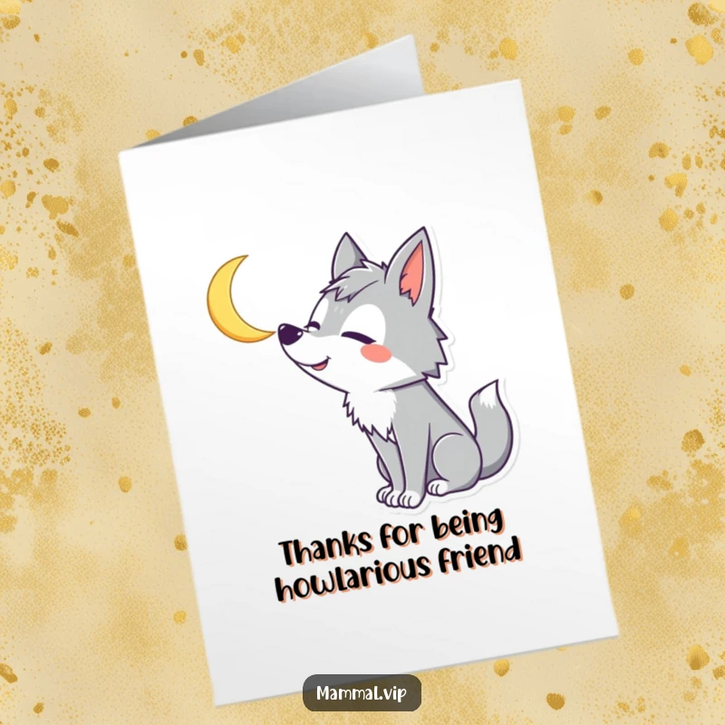 Funny free printable thank you card featuring a silly wolf howling at the moon, expressing gratitude.