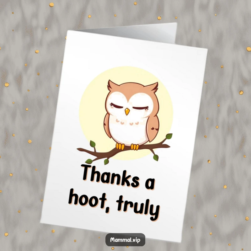 Funny free printable thank you card featuring a winking owl on a moonlit branch, perfect for a humorous expression of gratitude.