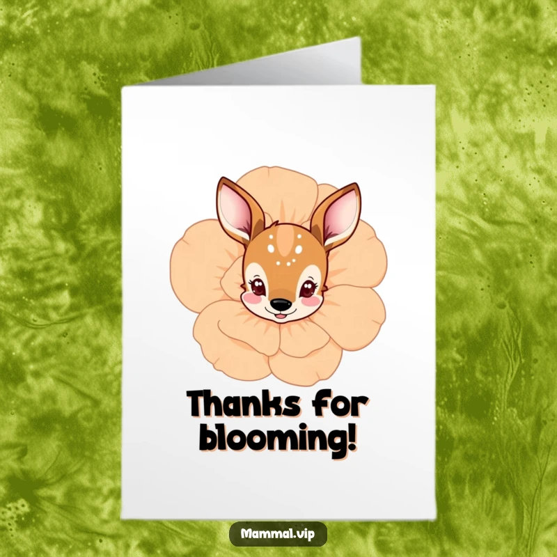 Free Printable Thank You Card: Curious deer peeking from behind a large blossom, a gentle and heartfelt thank you.