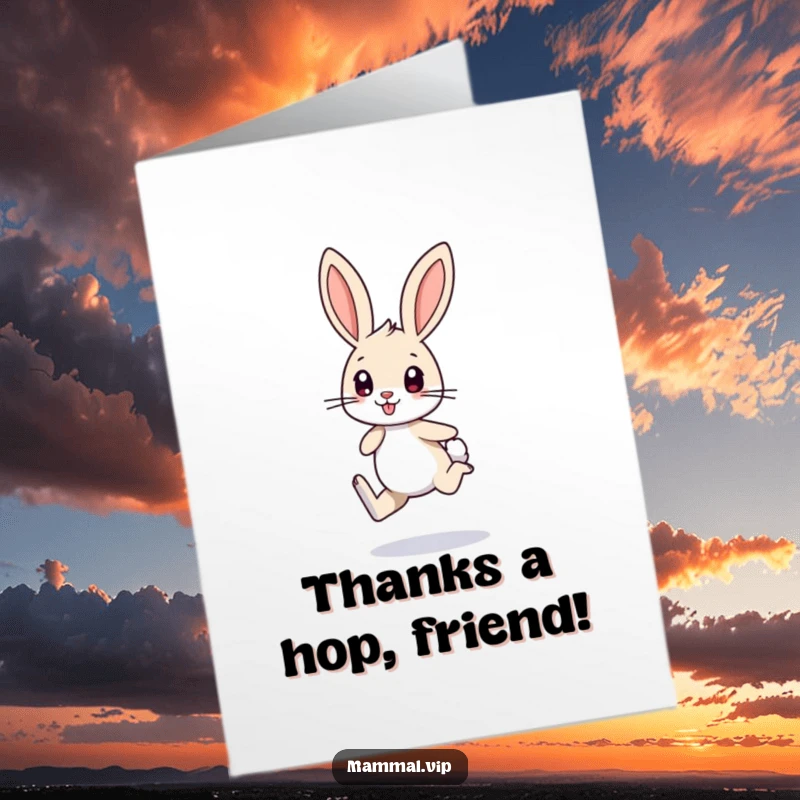 Happy Free Printable Thank You Card: A small bunny character with long ears excitedly hops on one leg to show thanks.