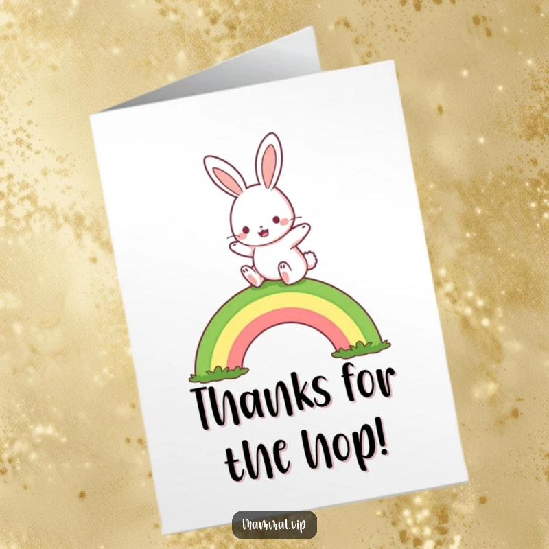 Free Printable Thank You Card: A cute rabbit happily jumping over a vibrant rainbow, a sweet gesture of thanks.