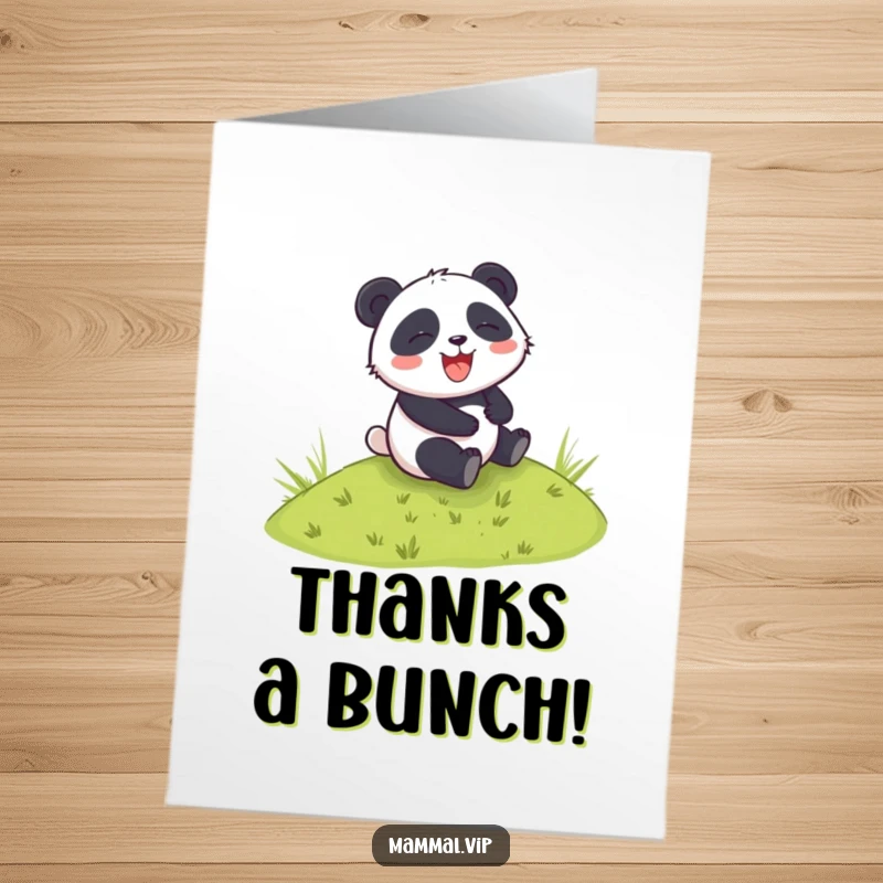 Funny Free Printable Thank You Card: Giggling panda in mid-roll, conveying pure appreciation with a smile.