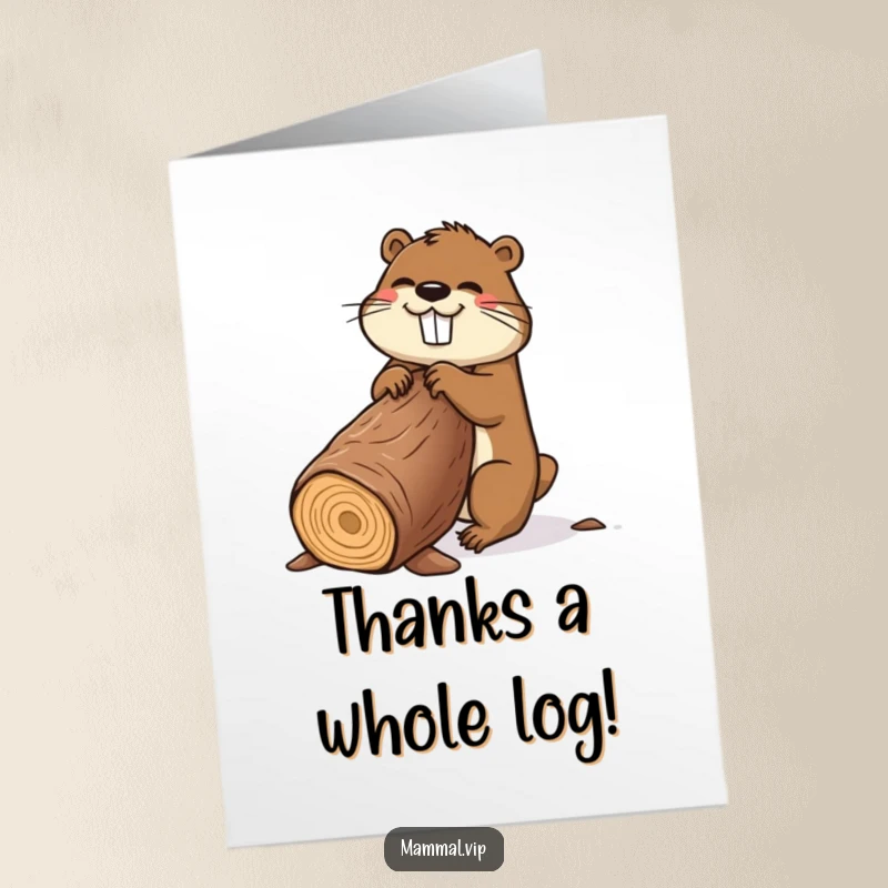 Funny Free Printable Thank You Card: Amused beaver offers thanks while gnawing on a massive log.
