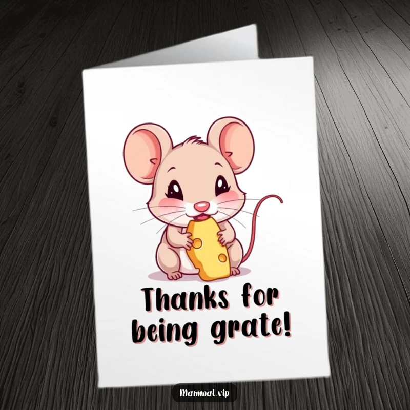 Funny Free Printable Thank You Card: A mouse character happily nibbling on cheese, showing sincere thanks.