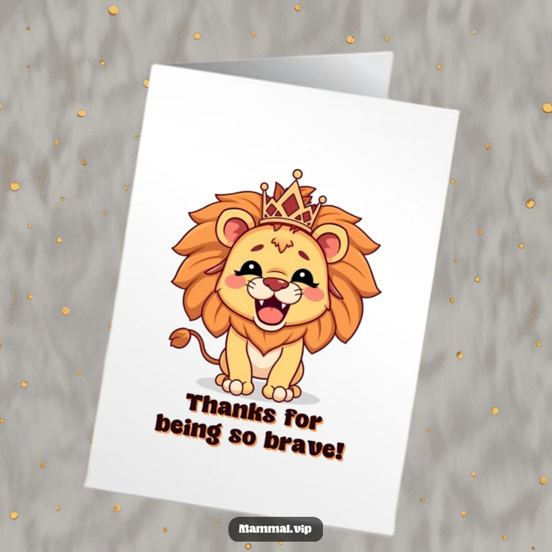 Funny Free Printable Thank You Card: A proud lion character wearing a small tiara, letting out a mighty roar to express thanks.