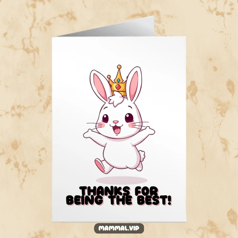 Funny Free Printable Thank You Card: A cheerful rabbit in a crown hops enthusiastically, conveying thanks with royal flair. Downloadable.
