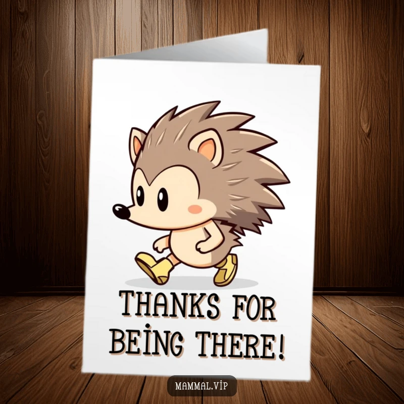 Funny Free Printable Thank You Card: A determined hedgehog character marching forward with conviction in tiny boots.