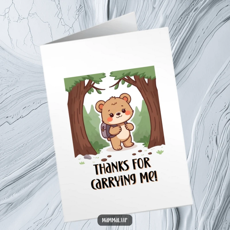 Funny Free Printable Thank You Card: Adorable bear cub with backpack venturing through a forest, a sweet downloadable gift.