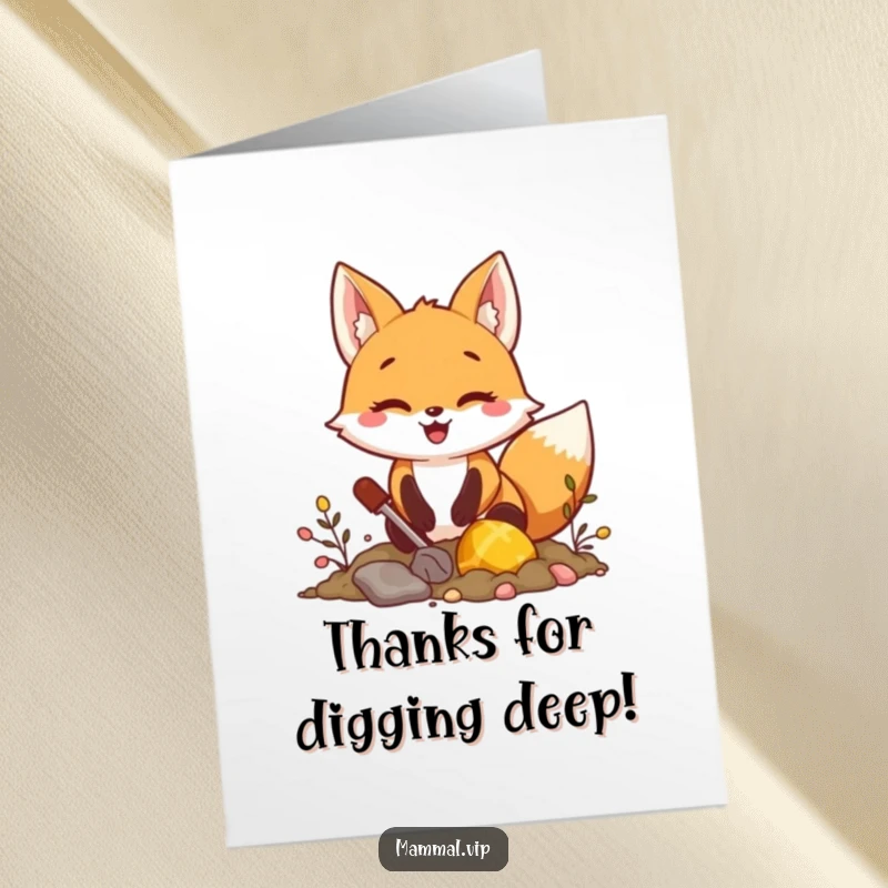 Free Printable Thank You Card: Happy fox excitedly digging, unearthing a treasure chest, a symbolic expression of gratitude.