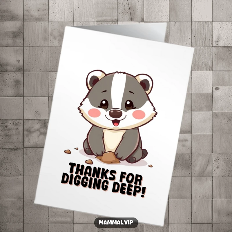 Funny free printable thank you card: Happy badger character digging enthusiastically to express thanks.