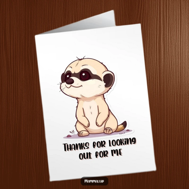 Funny free printable thank you card of a curious meerkat popping its head up from the ground, looking around gratefully.