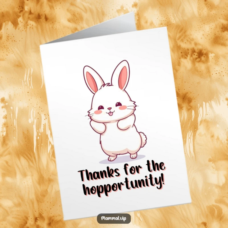 Funny Free Printable Thank You Card: A fluffy rabbit in a powerful, extended leap, conveying enthusiastic thanks.