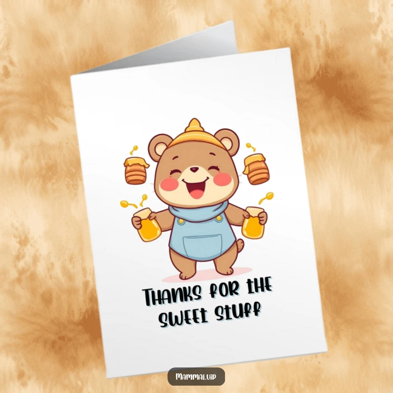 Funny free printable thank you card featuring a joyful bear character juggling honey pots, a sweet gesture of thanks.