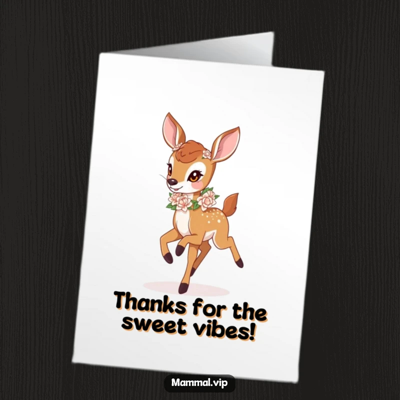 Funny Free Printable Thank You Card: A deer fawn adorned with a flower garland bounces playfully, a downloadable gift.