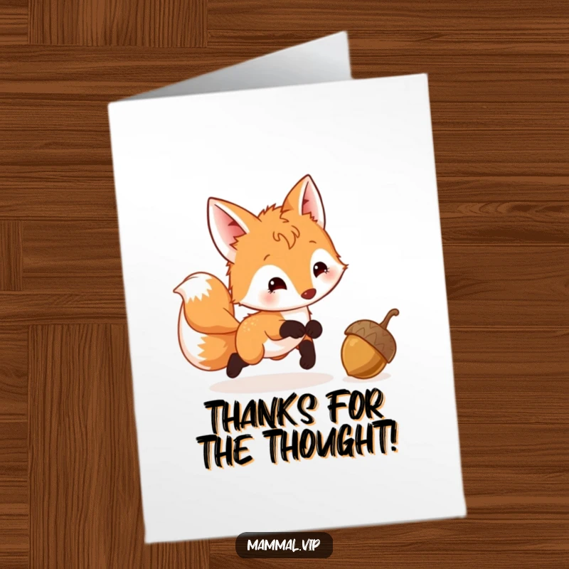 Funny Free Printable Thank You Card: A cute fox cub with a frantically wagging tail, happily pursuing a bouncing acorn.