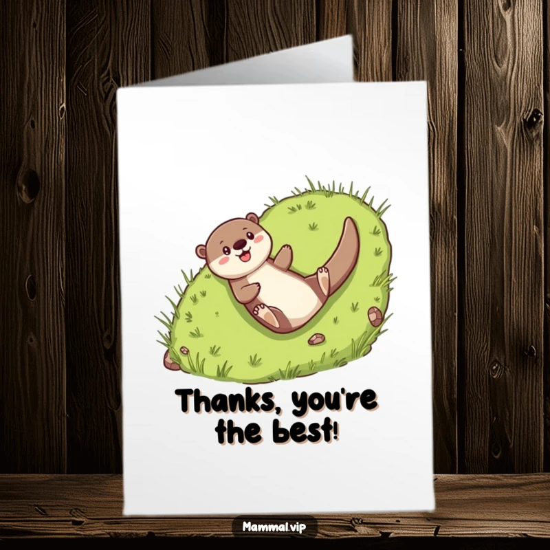 Funny Free Printable Thank You Card: Cheerful otter character joyfully sliding down a grassy hill.