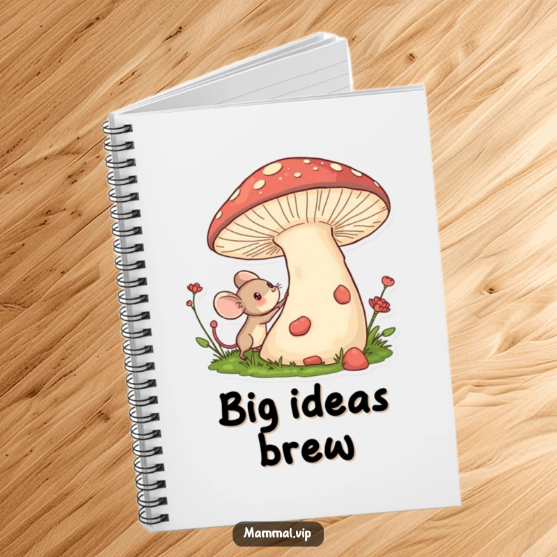 Funny notebook featuring a tiny mouse character excitedly exploring a giant mushroom, perfect for capturing imaginative thoughts.