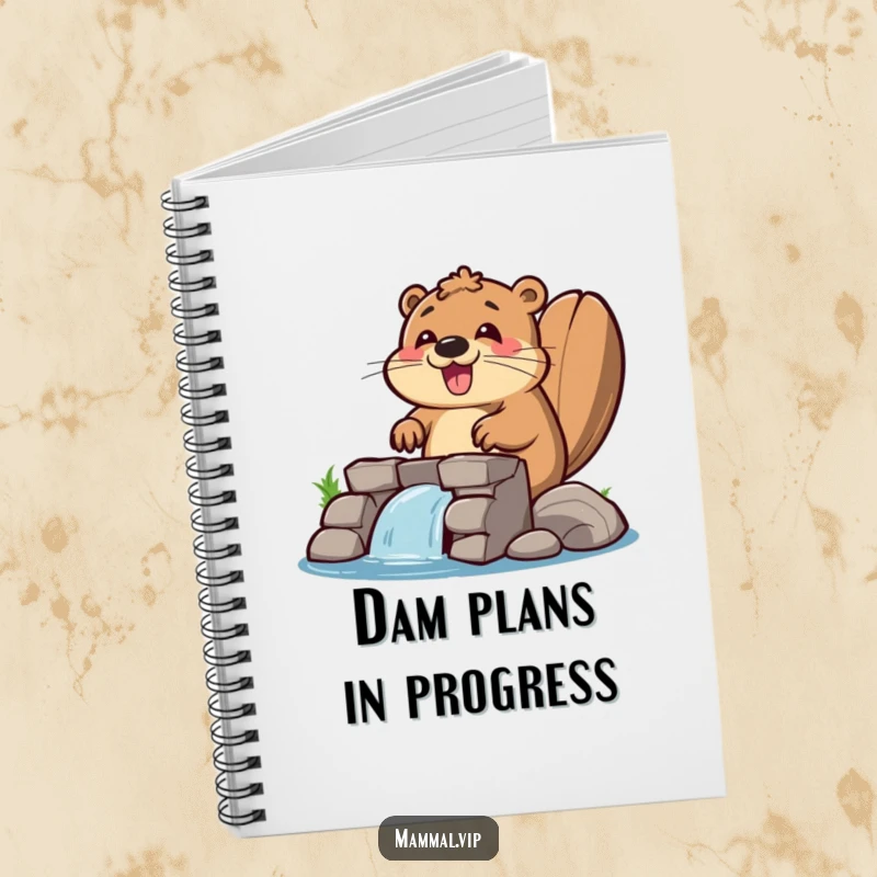 Funny beaver notebook featuring a happy beaver building a dam, perfect for planning projects with a touch of humor.