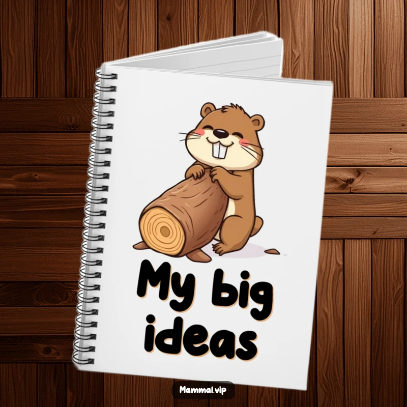 Funny beaver notebook featuring a happy cartoon beaver gnawing a large log, perfect for jotting down funny thoughts.