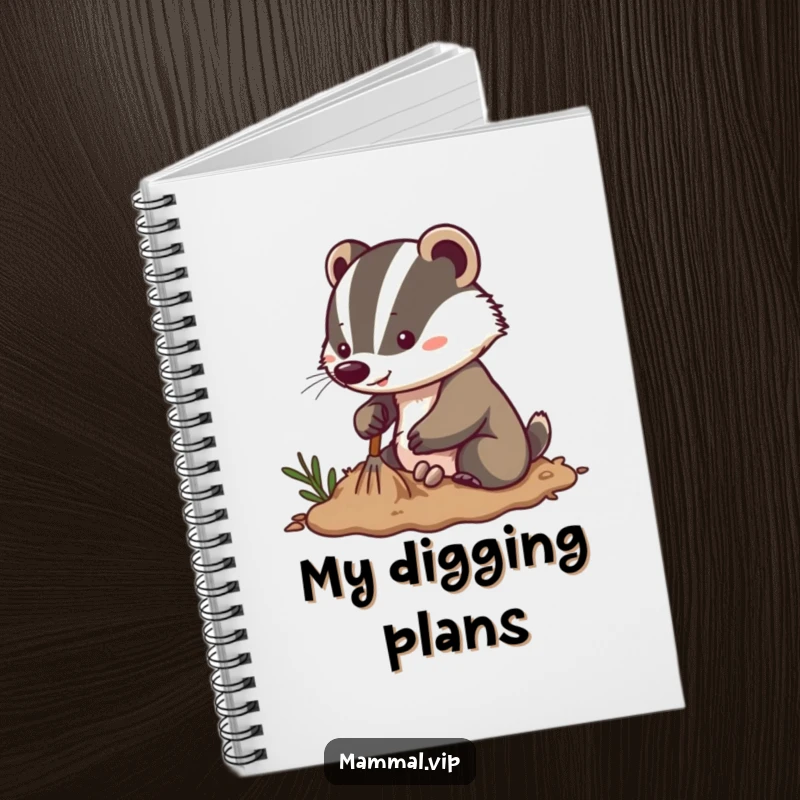 Funny energetic badger notebook with a determined character digging enthusiastically in soft soil, ideal for writing, journaling, and goal-oriented notes.