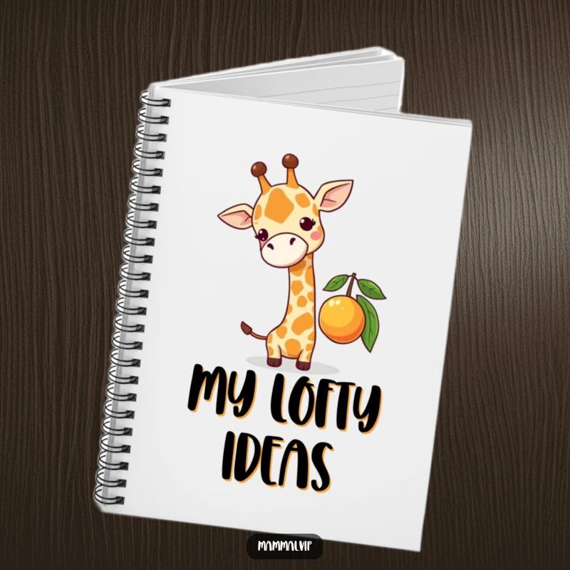 Funny notebook cover with a cute giraffe character comically attempting to reach a low-hanging fruit, inspiring perseverance with humor.