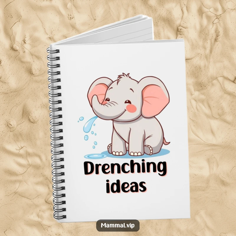 Funny notebook with a happy elephant character playfully spraying water, ideal for jotting down creative ideas and joyful thoughts.