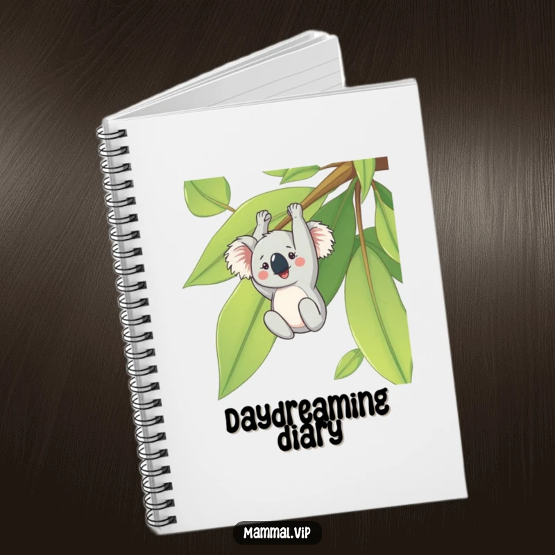 Funny notebook cover with a cheerful koala hanging upside down from a large eucalyptus leaf, ideal for jotting down notes.