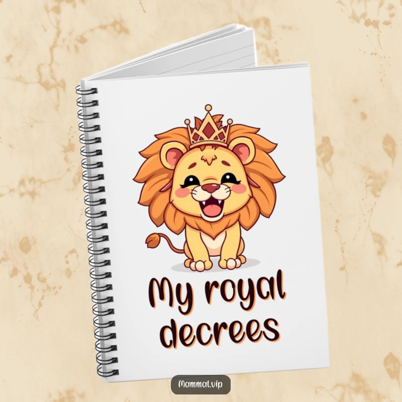 Funny notebook with a proud lion character wearing a tiny tiara and roaring, ideal for notes and powerful reflections.