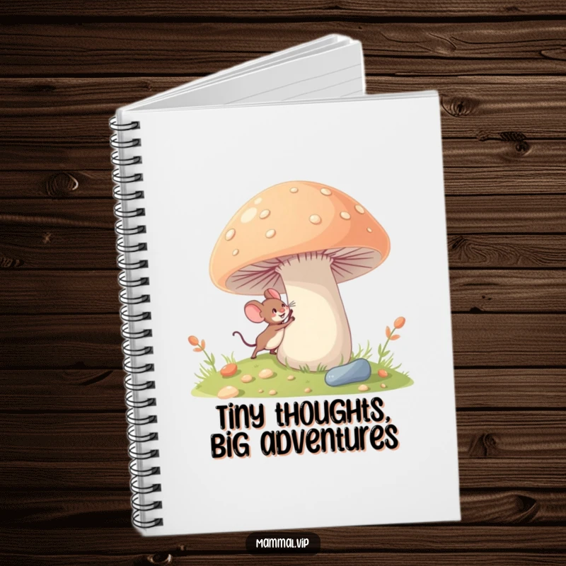 Funny tiny mouse notebook with a character excitedly exploring a giant mushroom, perfect for journaling grand ideas.