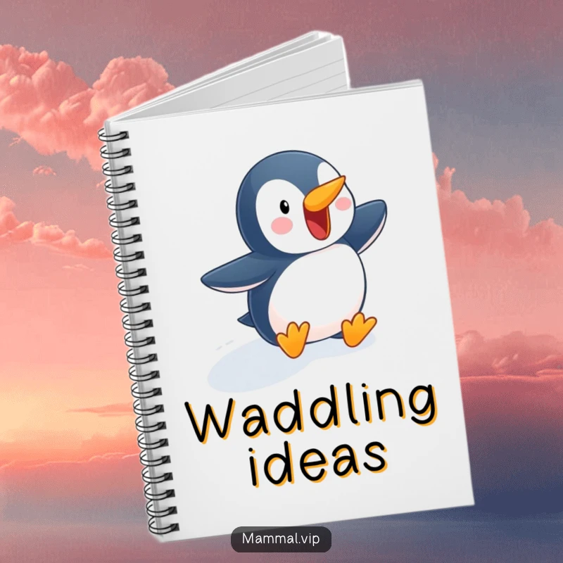 Funny penguin notebook with a character waddling down a snowy slope, perfect for note-taking, journaling, and capturing winter ideas with humor.