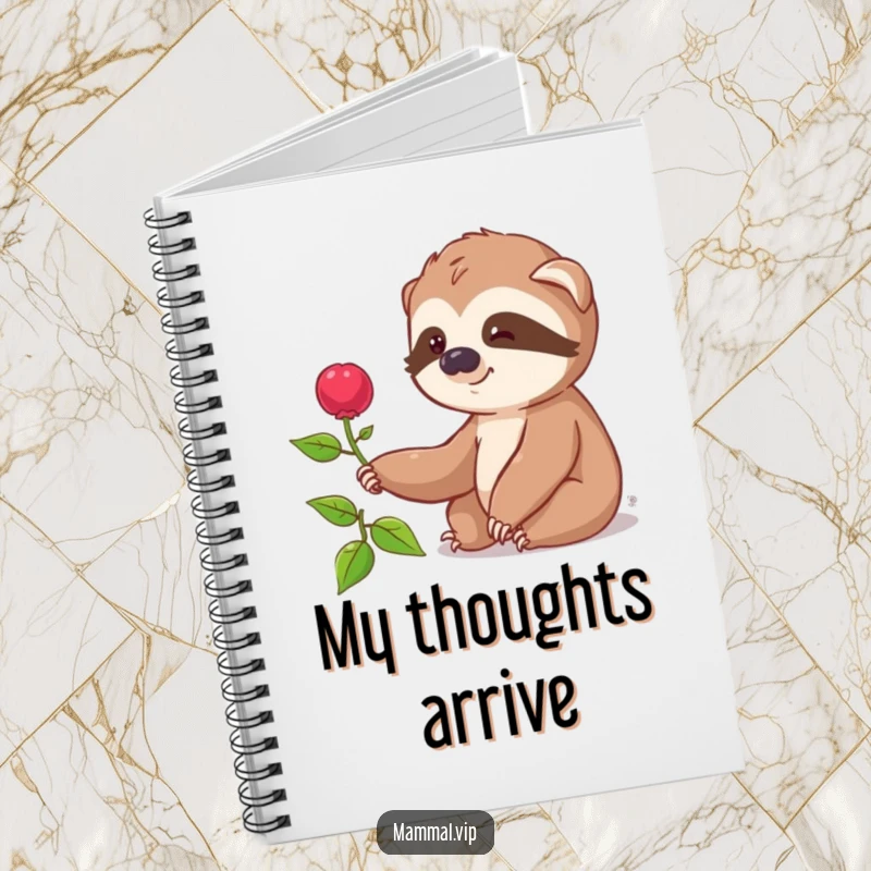 Funny notebook cover with a smiling sloth character slowly reaching for a distant berry, ideal for jotting down thoughts.