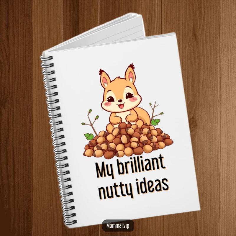 Funny squirrel notebook cover with a smiling squirrel and a massive pile of acorns, symbolizing funny planning and note-taking.